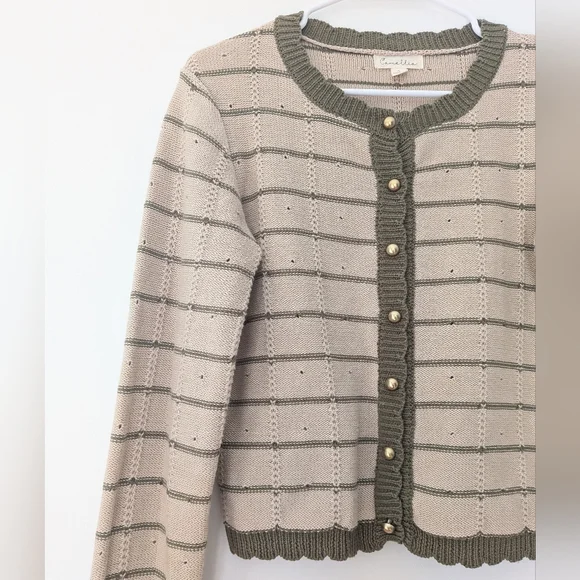 Camellia Beige and Olive Green Striped Cardigan - Picture 3 of 5